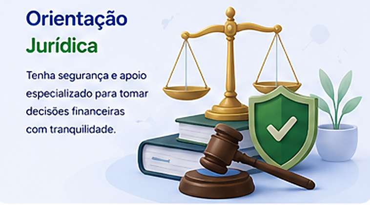 Orientação jurídica financeira com advogado, documentos e balança da justiça