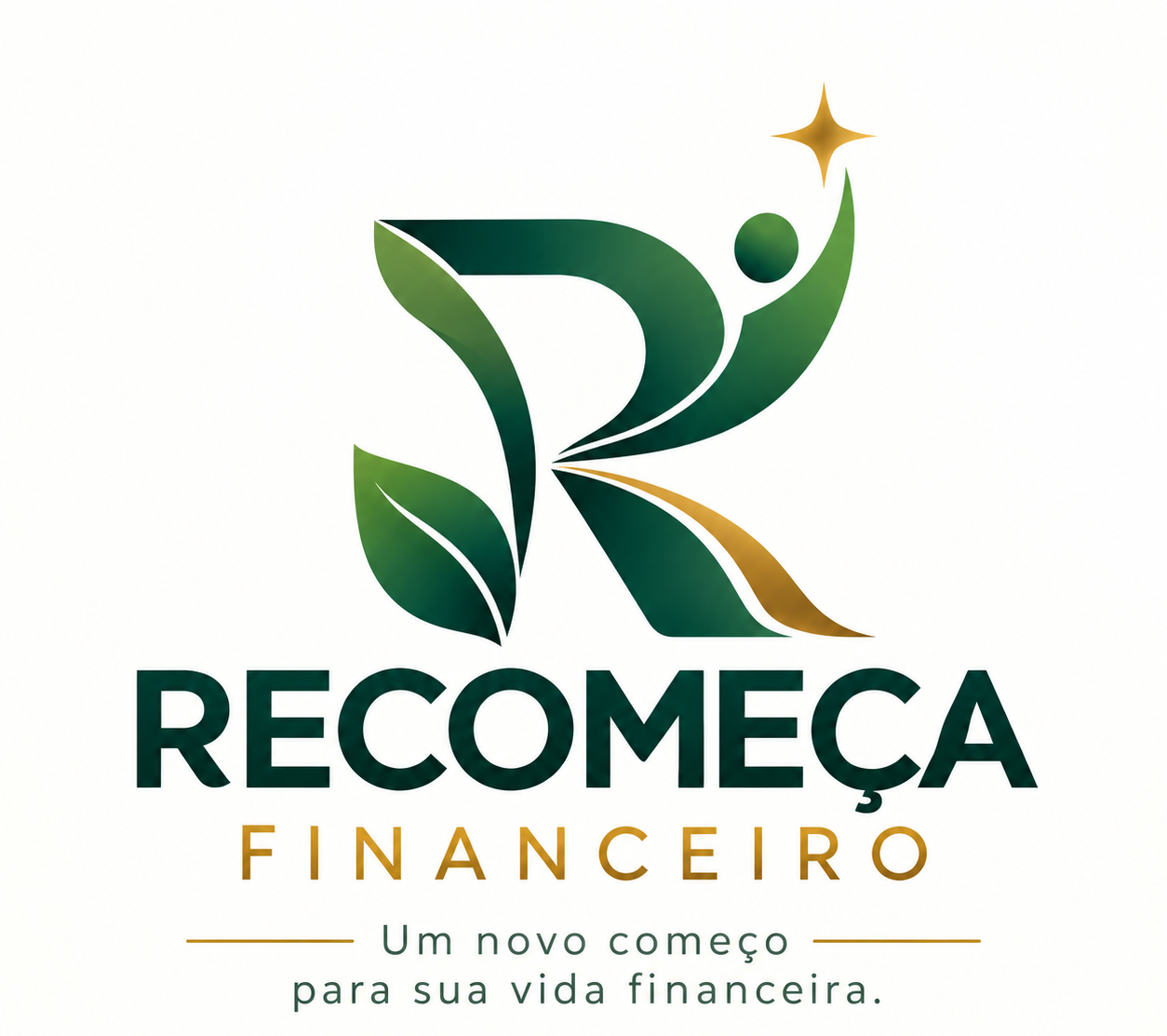 Identidade visual Recomeça Financeiro: símbolo verde e dourado de crescimento, nome e slogan
